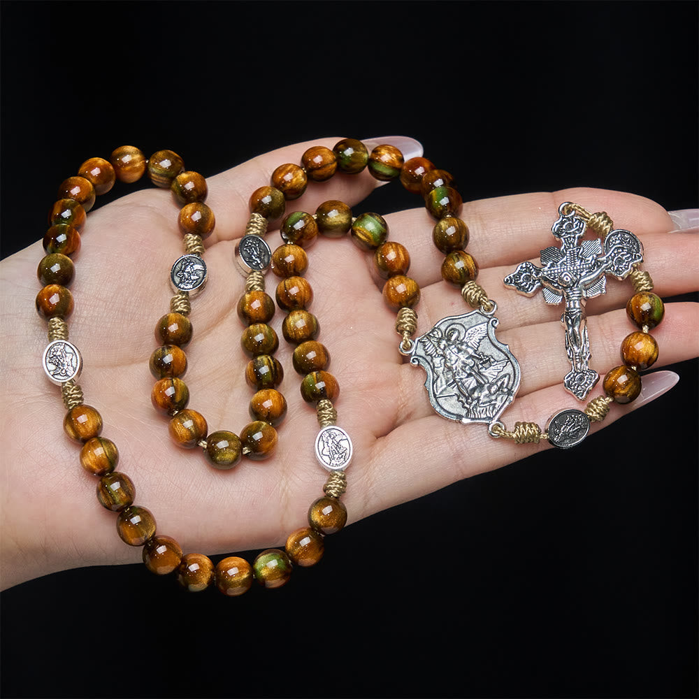 Christianartworkshop Rosenkranz mit schimmernden braunen Perlen im Vintage-Stil und dem Schutzpatron St. Michael - image 1