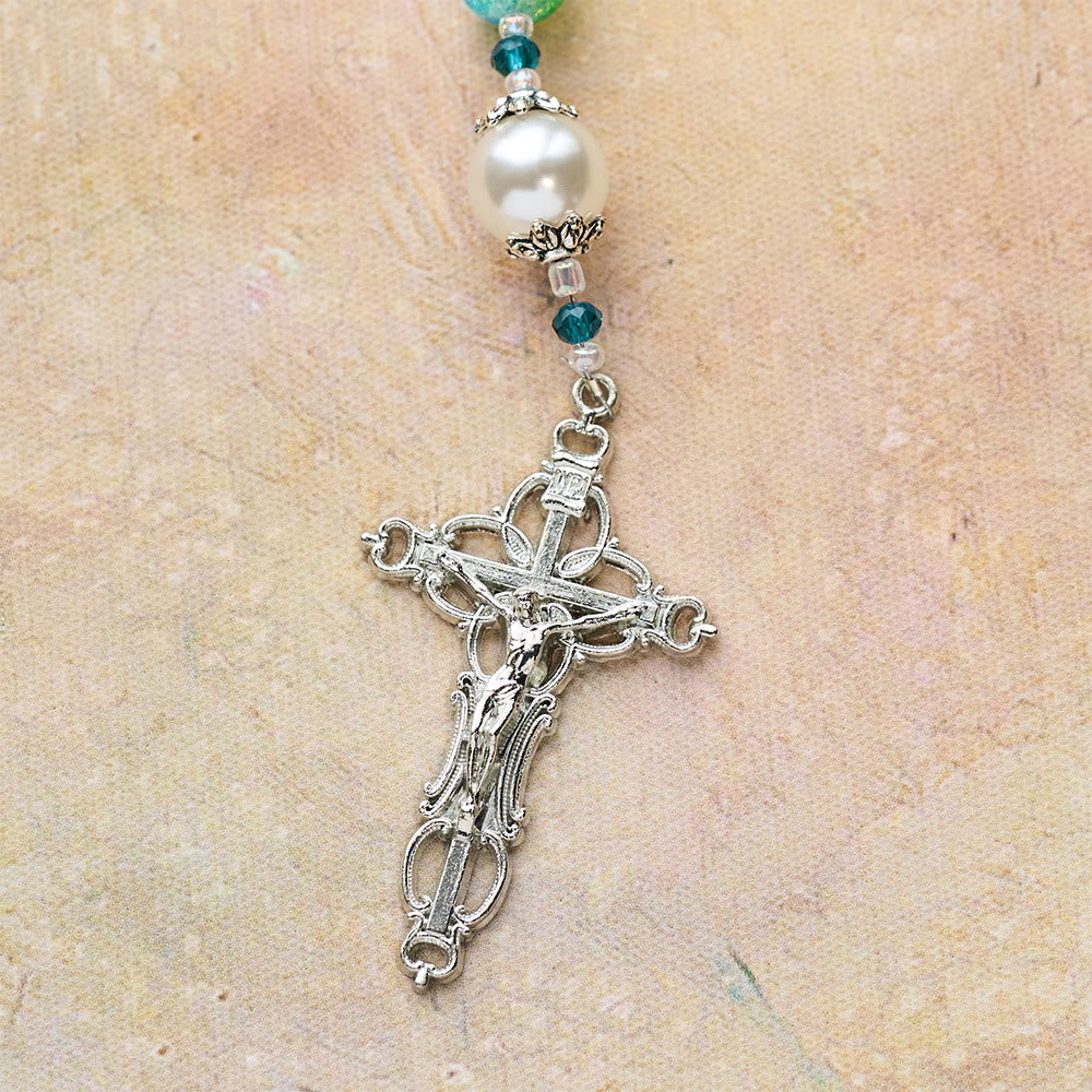 Christianartworkshop Rosenkranz aus blau-grünem Glas mit betenden Händen und Kruzifix - image 8