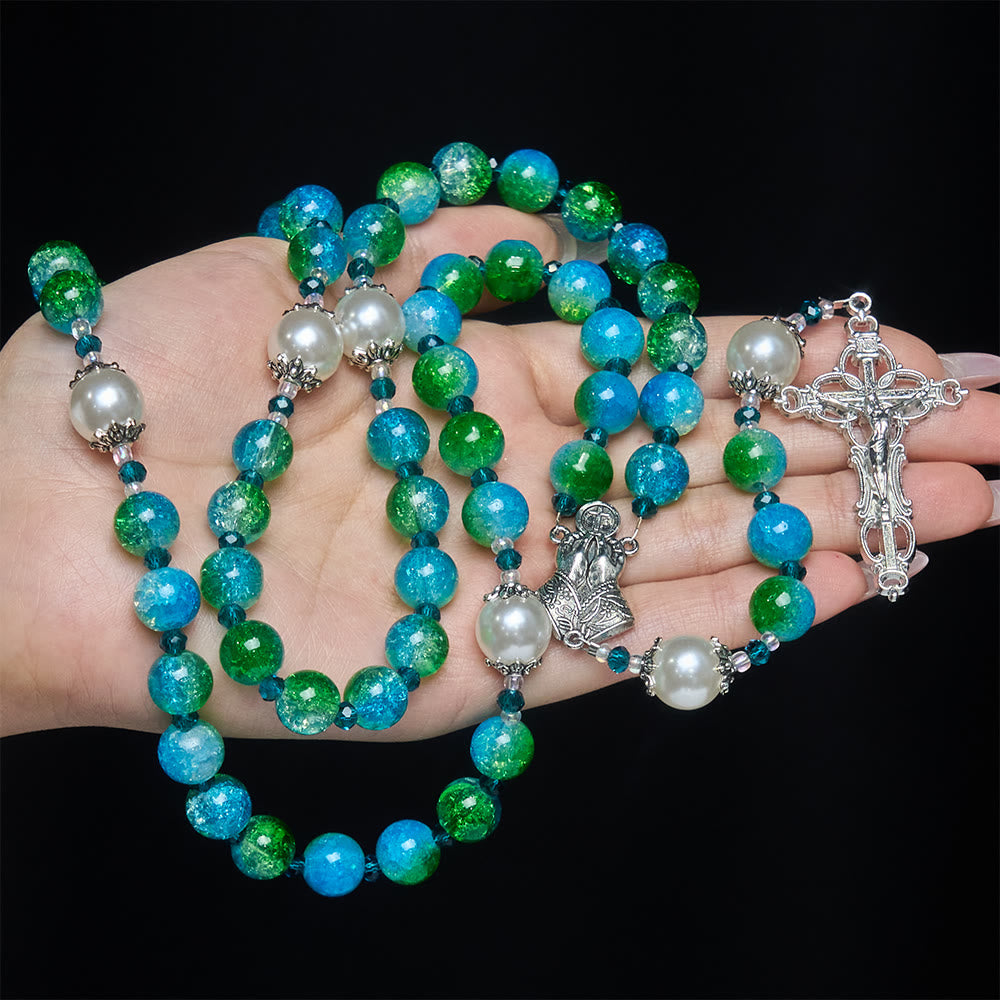 Christianartworkshop Rosenkranz aus blau-grünem Glas mit betenden Händen und Kruzifix - image 1
