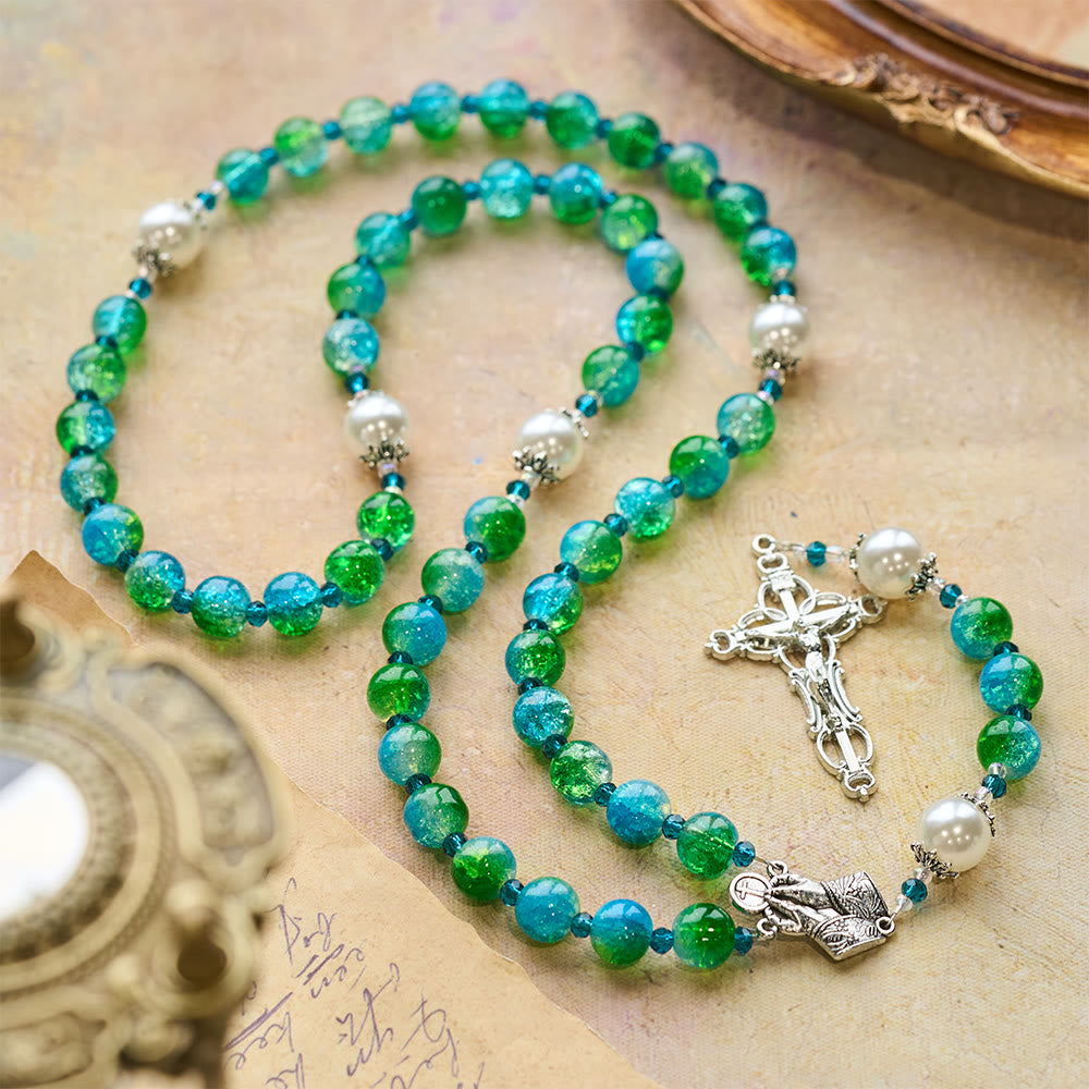 Christianartworkshop Rosenkranz aus blau-grünem Glas mit betenden Händen und Kruzifix - Betende Hände und Kruzifix - image 0