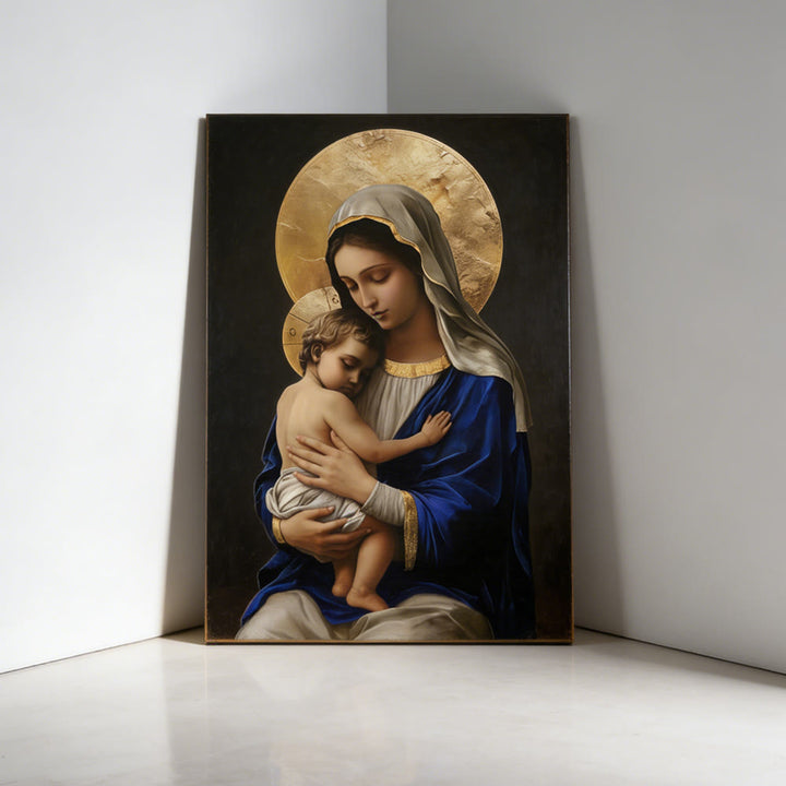 Christianartworkshop Leinwanddruck „Madonna mit Kind“ im königsblauen Gewand: Verkörpere die reine Hingabe Mariens - image 1
