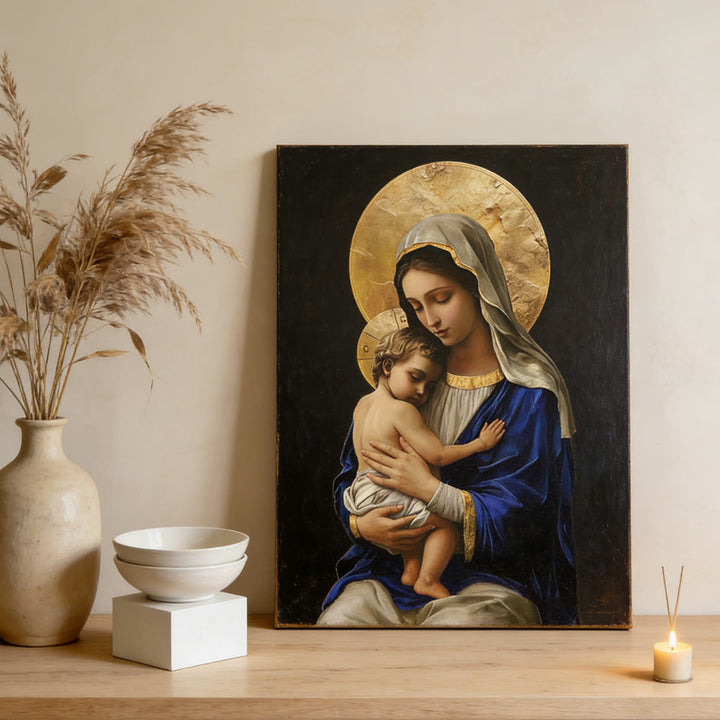 Christianartworkshop Leinwanddruck „Madonna mit Kind“ im königsblauen Gewand: Verkörpere die reine Hingabe Mariens - Gerahmtes Leinwandgemälde - 13,77"*19,58"*0,59"/35*50*1,5 cm - image 0