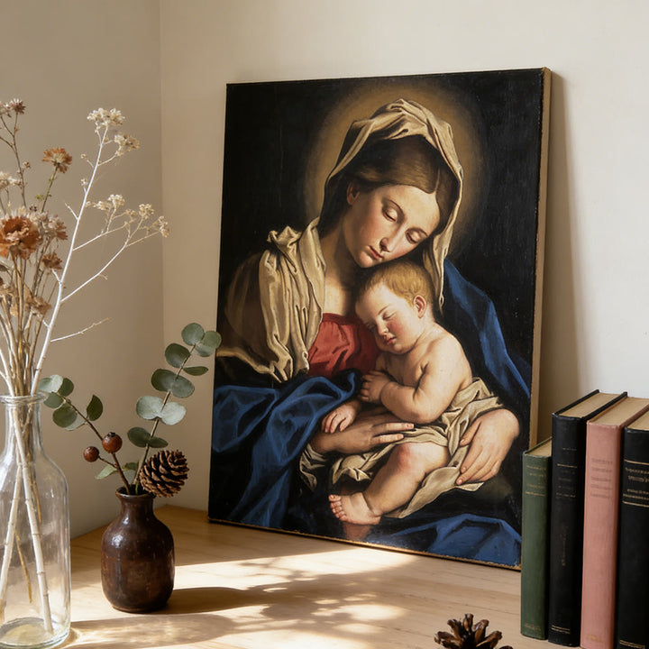 Christianartworkshop Wandbild „Schlafender Jesus mit vergoldetem Heiligenschein“: Verankern Sie Ihren Glauben in der Intimität der Heiligen Familie - Gerahmtes Leinwandgemälde - 13,77"*19,58"*0,59"/35*50*1,5 cm - image 0