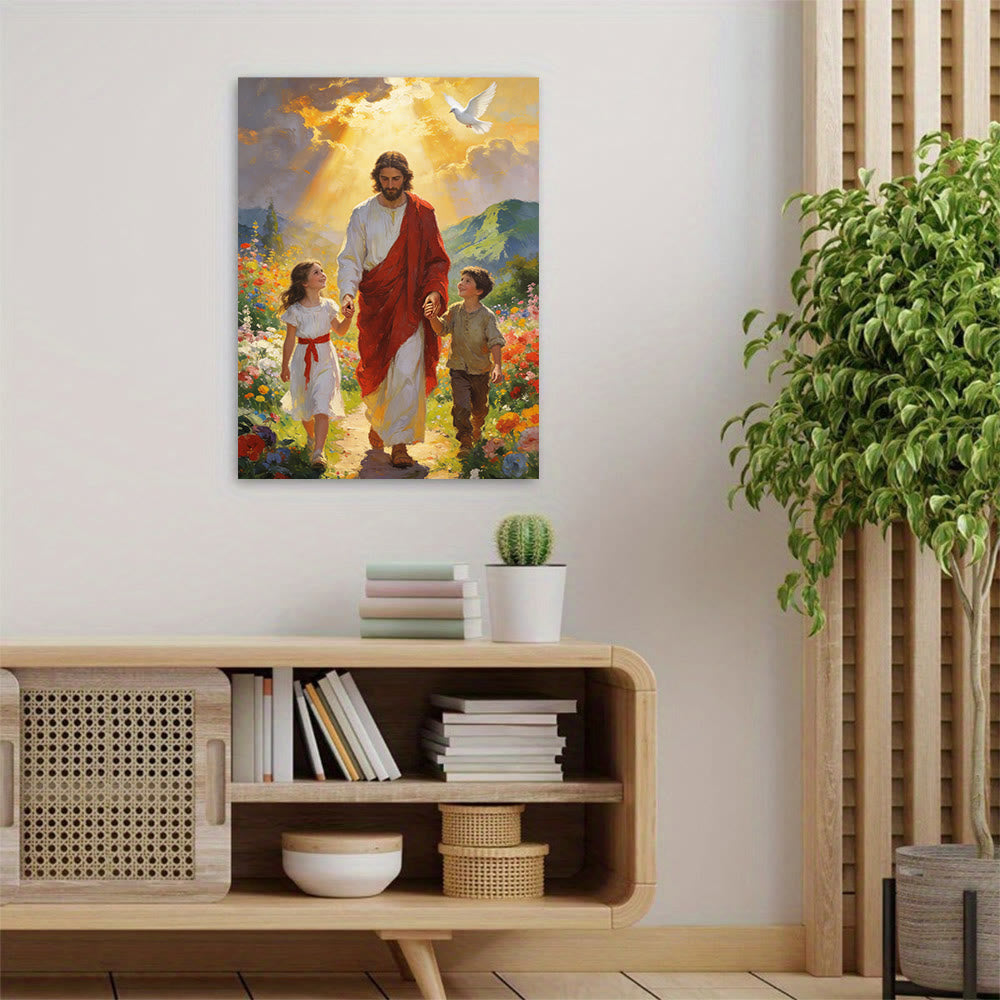 Christianartworkshop Goldenes Licht – Jesus geht mit Kindern – Christlicher Kunstdruck: Verkörpere die Freude kindlichen Glaubens - image 1