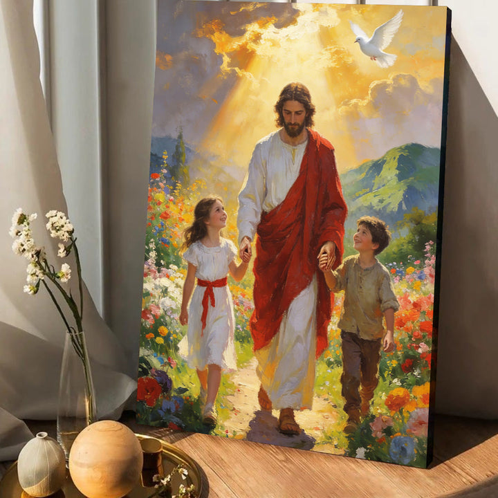 Christianartworkshop Goldenes Licht – Jesus geht mit Kindern – Christlicher Kunstdruck: Verkörpere die Freude kindlichen Glaubens - image 3