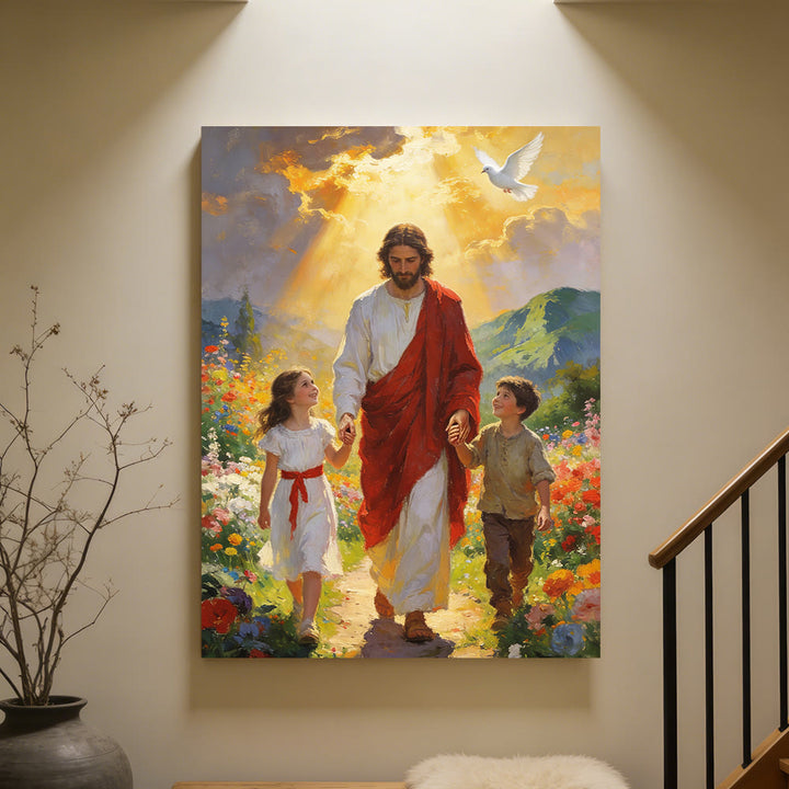 Christianartworkshop Goldenes Licht – Jesus geht mit Kindern – Christlicher Kunstdruck: Verkörpere die Freude kindlichen Glaubens - image 4
