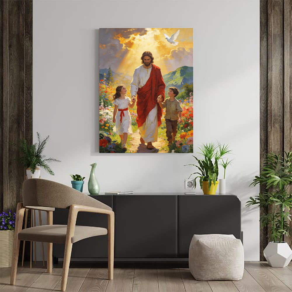 Christianartworkshop Goldenes Licht – Jesus geht mit Kindern – Christlicher Kunstdruck: Verkörpere die Freude kindlichen Glaubens - image 2