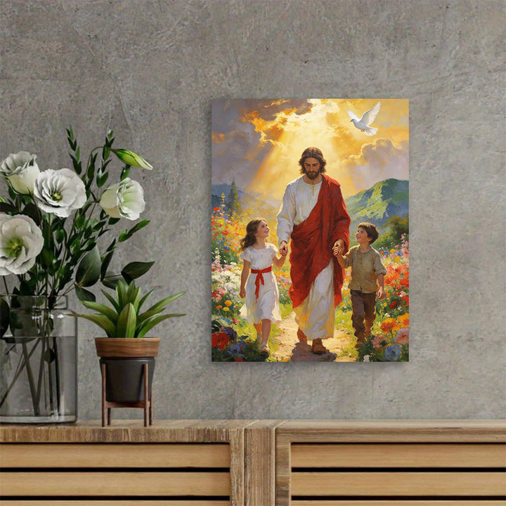 Christianartworkshop Goldenes Licht – Jesus geht mit Kindern – Christlicher Kunstdruck: Verkörpere die Freude kindlichen Glaubens - Gerahmtes Leinwandgemälde - 13,77"*19,58"*0,59"/35*50*1,5 cm - image 0