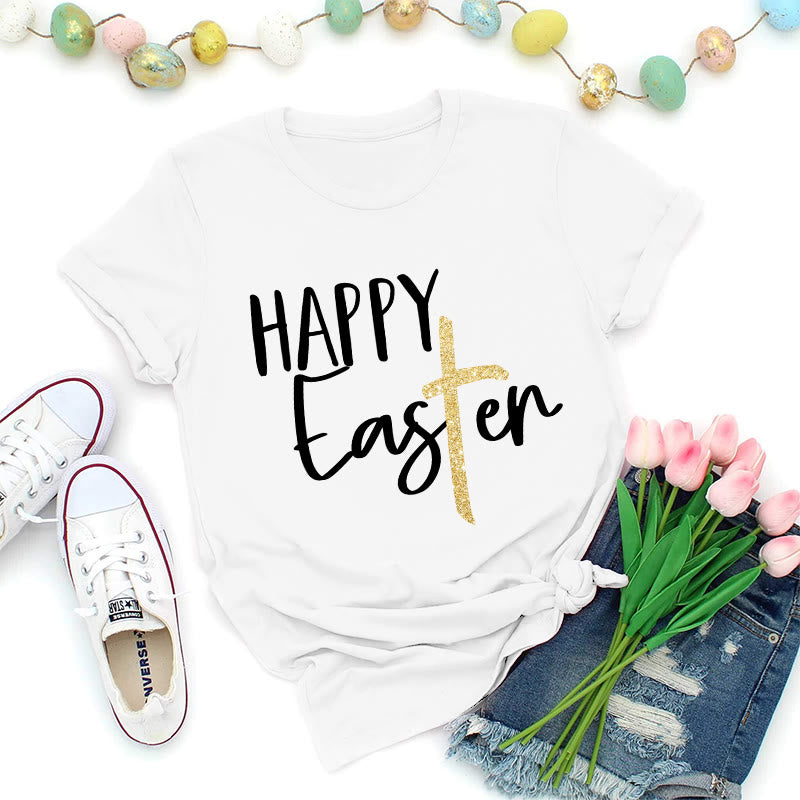Christianartworkshop Premium-T-Shirt mit Glitzerkreuz-Schriftzug „Frohe Ostern“ - Weiß - 2XL - image 4