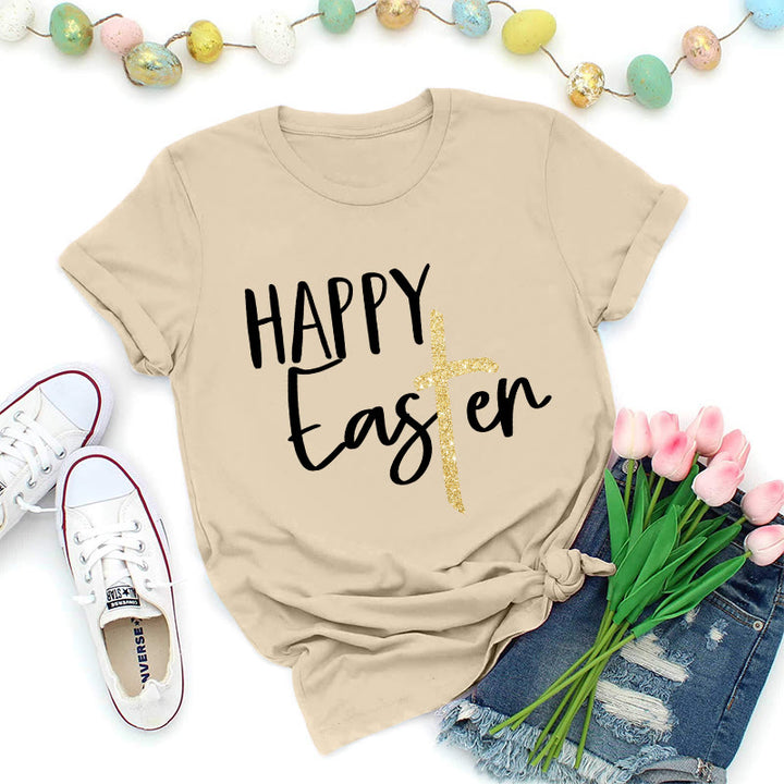 Christianartworkshop Premium-T-Shirt mit Glitzerkreuz-Schriftzug „Frohe Ostern“ - Beige - 2XL - image 1