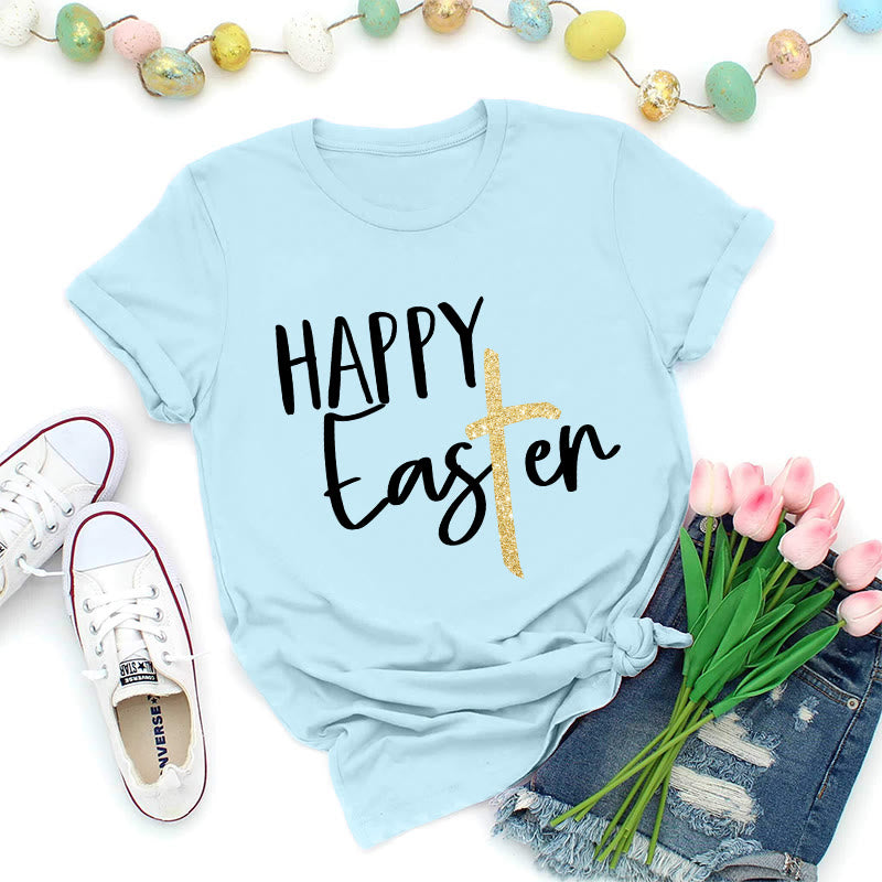 Christianartworkshop Premium-T-Shirt mit Glitzerkreuz-Schriftzug „Frohe Ostern“ - Blau - 2XL - image 0