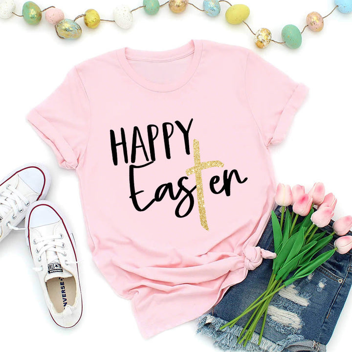 Christianartworkshop Premium-T-Shirt mit Glitzerkreuz-Schriftzug „Frohe Ostern“ - Rosa - 2XL - image 2