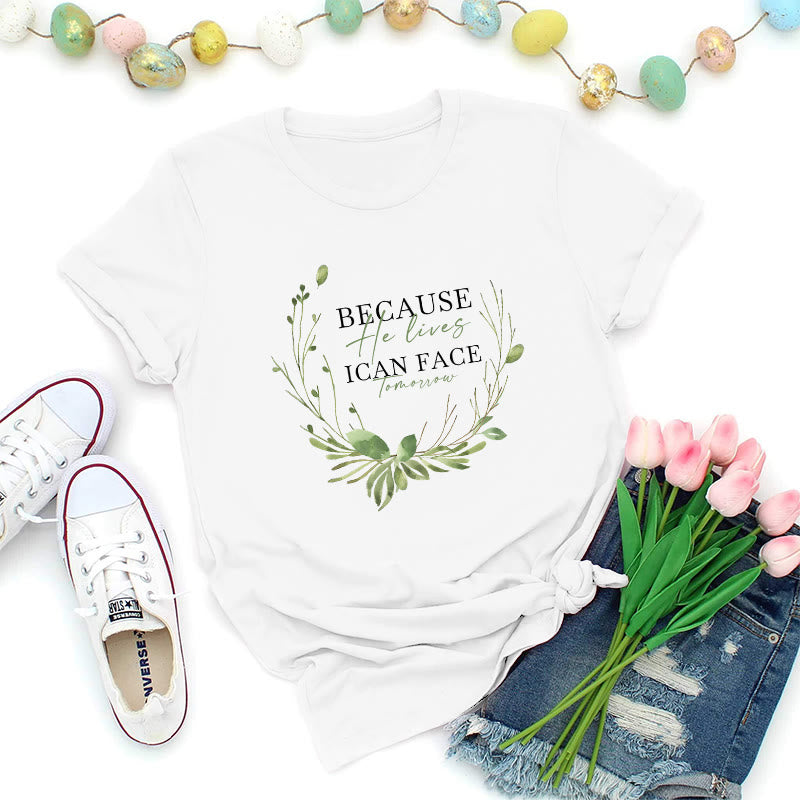 Christianartworkshop Weil er lebt – Premium-T-Shirt mit grünem Kranz - Weiß - 2XL - image 0