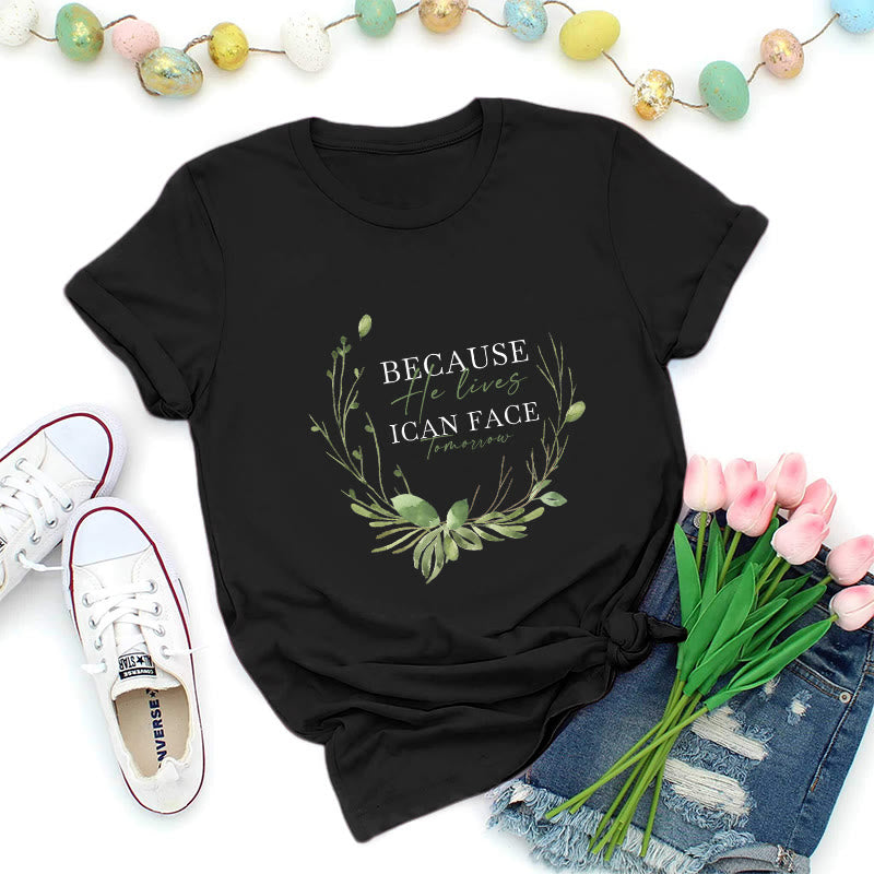 Christianartworkshop Weil er lebt – Premium-T-Shirt mit grünem Kranz - Schwarz - 2XL - image 1