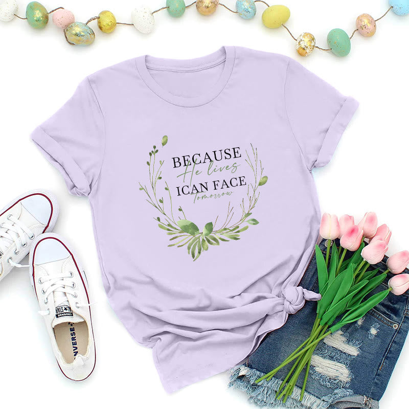 Christianartworkshop Weil er lebt – Premium-T-Shirt mit grünem Kranz - Lila - 2XL - image 3