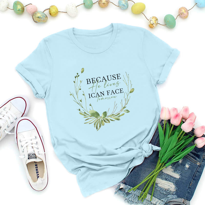 Christianartworkshop Weil er lebt – Premium-T-Shirt mit grünem Kranz - Blau - 2XL - image 5