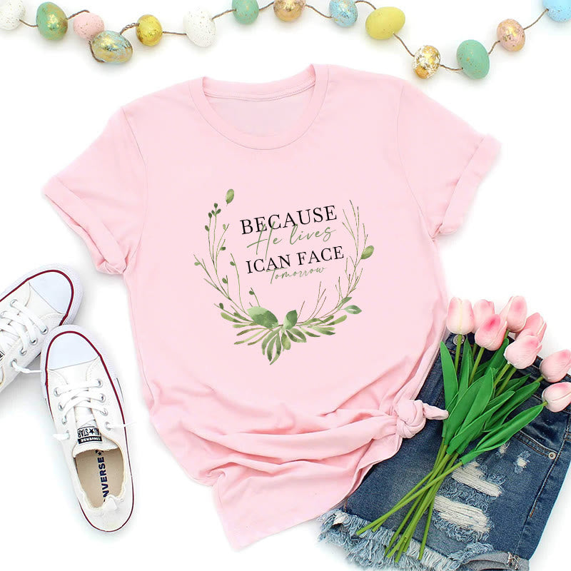 Christianartworkshop Weil er lebt – Premium-T-Shirt mit grünem Kranz - Rosa - 2XL - image 7