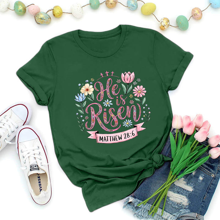 Christianartworkshop T-Shirt mit leuchtendem Blumenkranz und Aufschrift „Er ist auferstanden“ - Dunkelgrün - 2XL - image 4