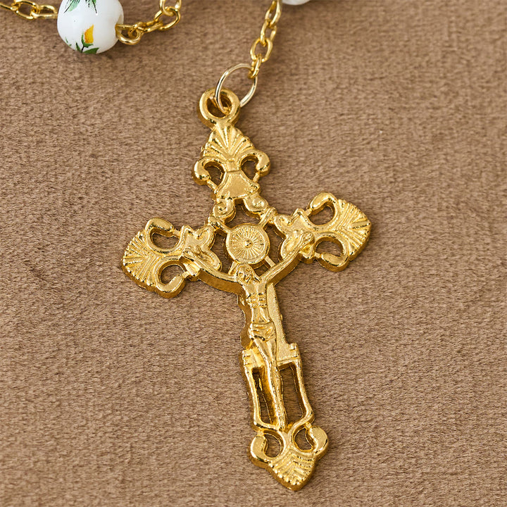 Gelber Rosenkranz mit Gänseblümchenmotiv von Christianartworkshop , Keramikperlen und Marienanhänger - image 5