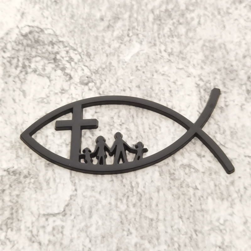 Christianartworkshop Ichthys Cross Familien-Autoemblem aus Metall: Ein Symbol des Glaubens und der familiären Bindung für Fahrzeuge - Schwarz - Set mit 10 Stück - image 0