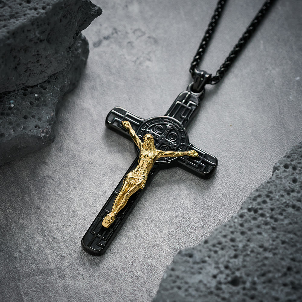 Christianartworkshop Klassische Retro-Halskette mit Kruzifix und St.-Benedikt-Medaille zum Schutz - Schwarzgold - image 6