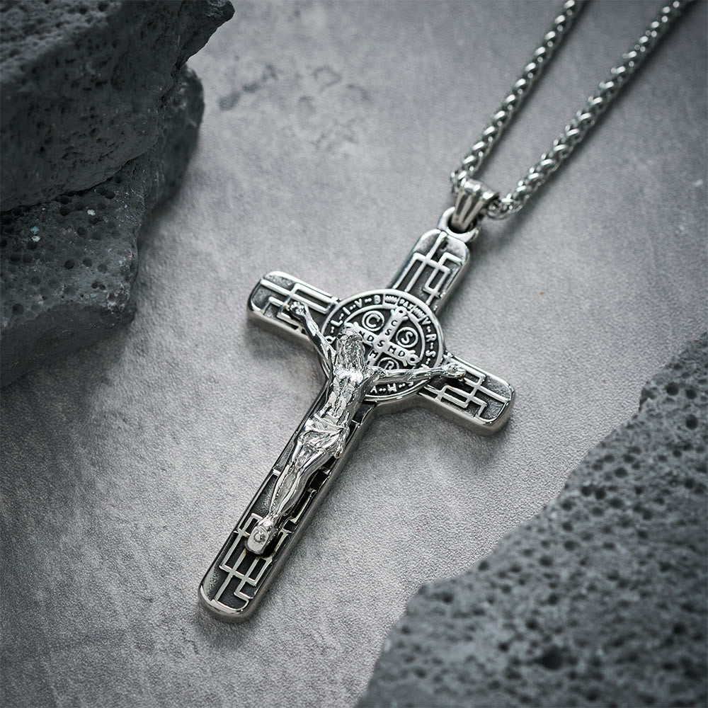 Christianartworkshop Klassische Retro-Halskette mit Kruzifix und St.-Benedikt-Medaille zum Schutz - Silber - image 11