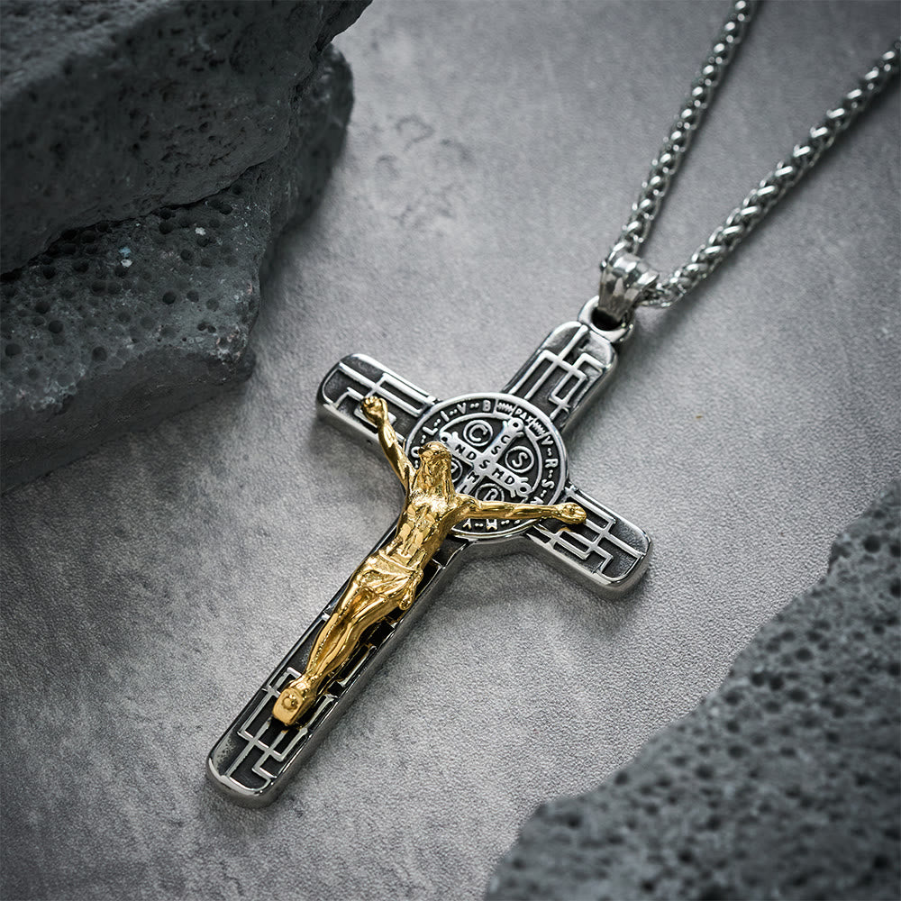 Christianartworkshop Klassische Retro-Halskette mit Kruzifix und St.-Benedikt-Medaille zum Schutz - Silber-Gold - image 0