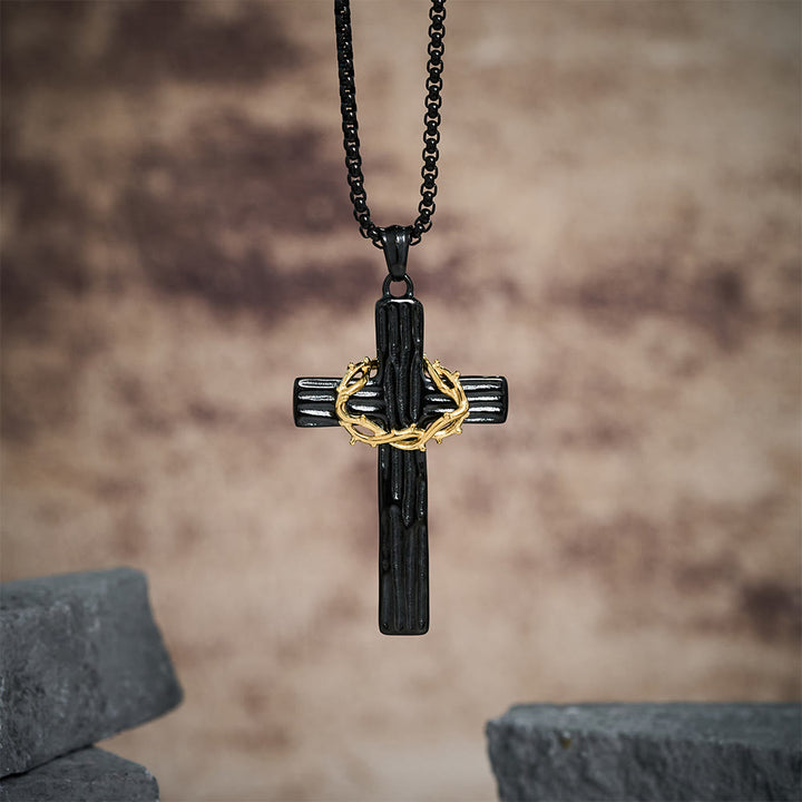 Christianartworkshop Halskette mit Anhänger im modernen Stil mit Jesus-Dornenkrone und Kreuz, heiliger Schutz - Schwarz&Gold - image 7