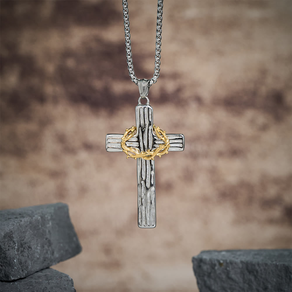 Christianartworkshop Halskette mit Anhänger im modernen Stil mit Jesus-Dornenkrone und Kreuz, heiliger Schutz - Silber&Gold - image 0
