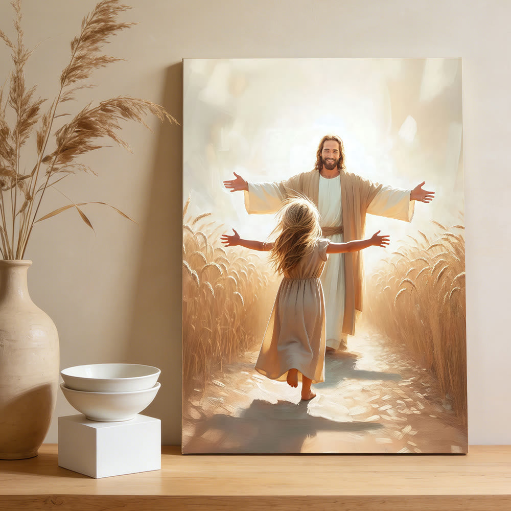 Christianartworkshop Wandbilder „Lauf zu Jesus – Umarmung“: Ein Symbol bedingungsloser göttlicher Liebe - Gerahmtes Leinwandgemälde - 11,81''*15,75''0,71"/30*40*1,8cm - image 0