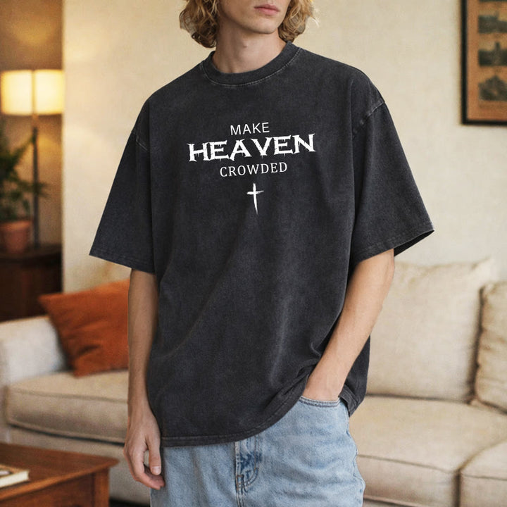 Christianartworkshop Make Heaven Crowded Cross Distressed Lettering Unisex Washed T-shirt - image 3