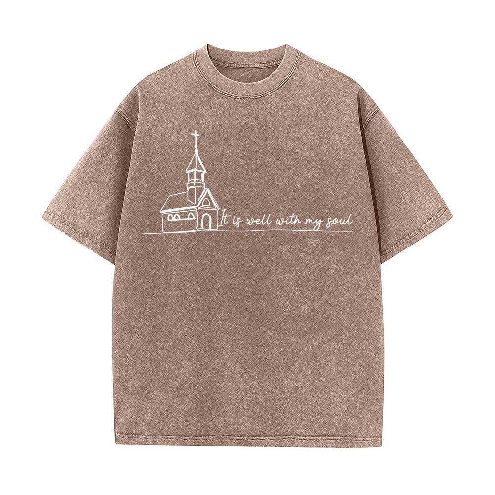 Christianartworkshop Es ist gut mit meiner Seele Kirchenskizze Linienkunst Unisex gewaschenes T-Shirt - Braun - 5XL - image 8