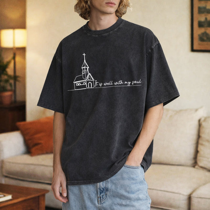 Christianartworkshop Es ist gut mit meiner Seele Kirchenskizze Linienkunst Unisex gewaschenes T-Shirt - image 2