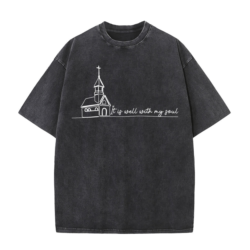 Christianartworkshop Es ist gut mit meiner Seele Kirchenskizze Linienkunst Unisex gewaschenes T-Shirt - Schwarz - 5XL - image 1