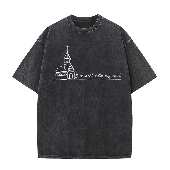 Christianartworkshop Es ist gut mit meiner Seele Kirchenskizze Linienkunst Unisex gewaschenes T-Shirt - Schwarz - 5XL - image 1