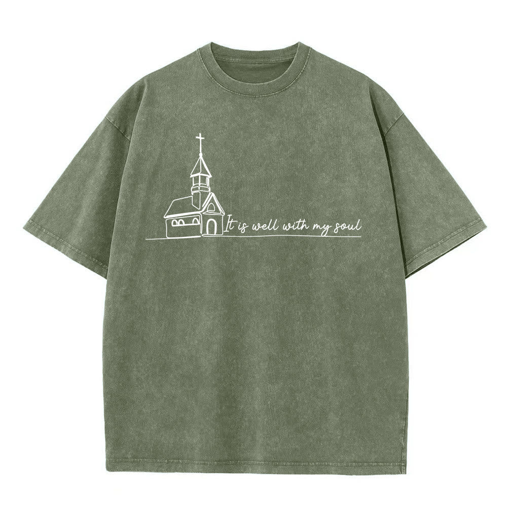 Christianartworkshop Es ist gut mit meiner Seele Kirchenskizze Linienkunst Unisex gewaschenes T-Shirt - Armeegrün - 5XL - image 6