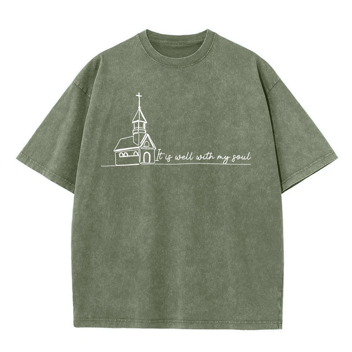 Christianartworkshop Es ist gut mit meiner Seele Kirchenskizze Linienkunst Unisex gewaschenes T-Shirt - Armeegrün - 5XL - image 6