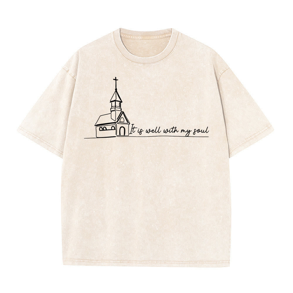 Christianartworkshop Es ist gut mit meiner Seele Kirchenskizze Linienkunst Unisex gewaschenes T-Shirt - Beige - 5XL - image 9