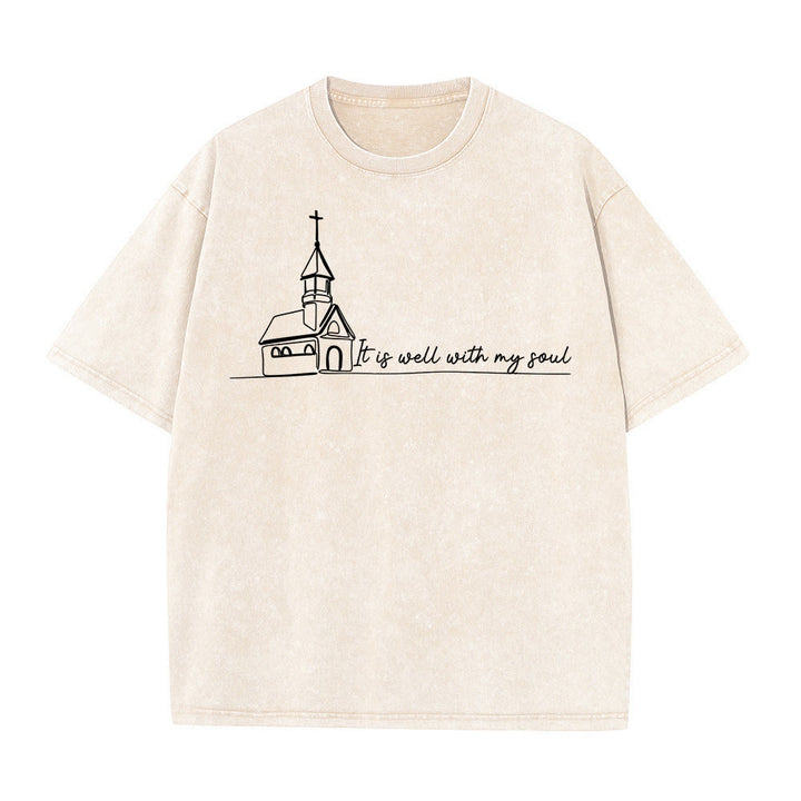Christianartworkshop Es ist gut mit meiner Seele Kirchenskizze Linienkunst Unisex gewaschenes T-Shirt - Beige - 5XL - image 9