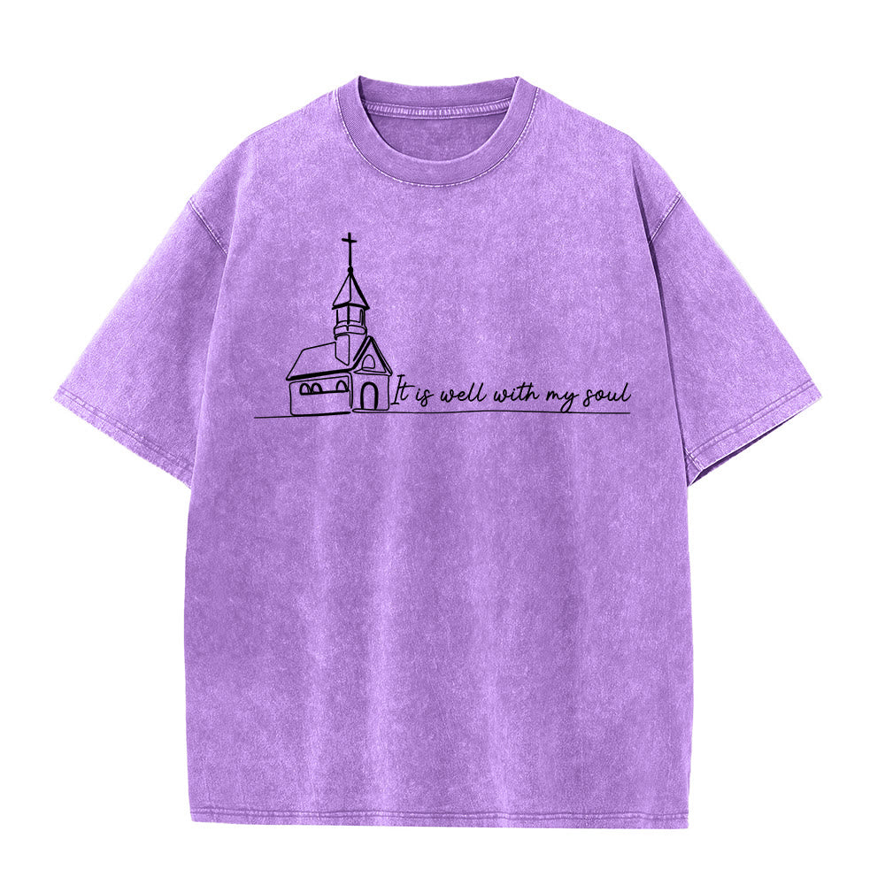 Christianartworkshop Es ist gut mit meiner Seele Kirchenskizze Linienkunst Unisex gewaschenes T-Shirt - Lila - 5XL - image 11