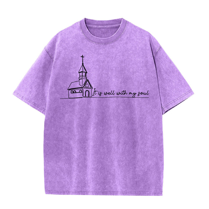 Christianartworkshop Es ist gut mit meiner Seele Kirchenskizze Linienkunst Unisex gewaschenes T-Shirt - Lila - 5XL - image 11