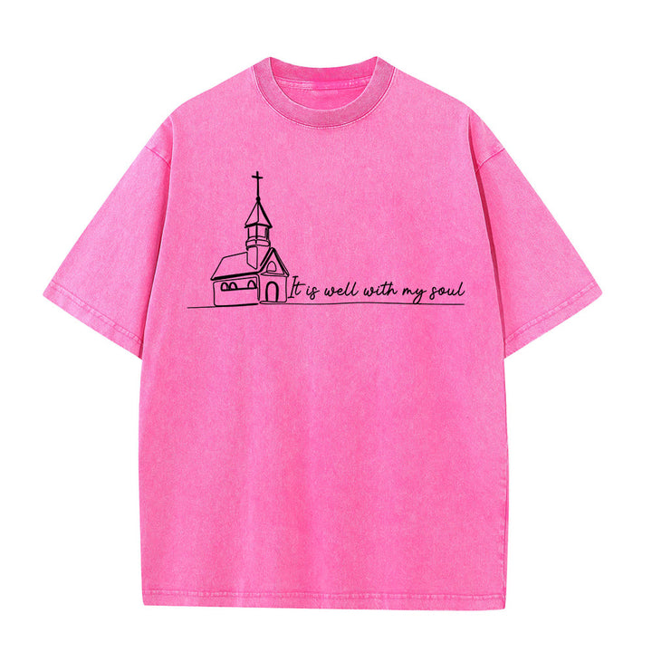 Christianartworkshop Es ist gut mit meiner Seele Kirchenskizze Linienkunst Unisex gewaschenes T-Shirt - Rosa - 5XL - image 10