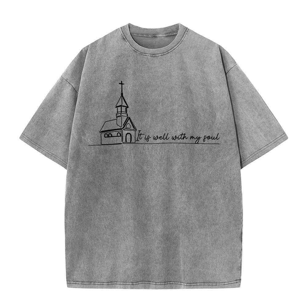 Christianartworkshop Es ist gut mit meiner Seele Kirchenskizze Linienkunst Unisex gewaschenes T-Shirt - Grau - 5XL - image 0