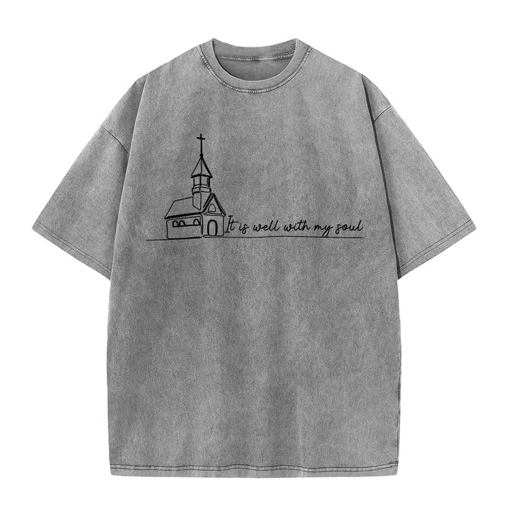 Christianartworkshop Es ist gut mit meiner Seele Kirchenskizze Linienkunst Unisex gewaschenes T-Shirt - Grau - 5XL - image 0