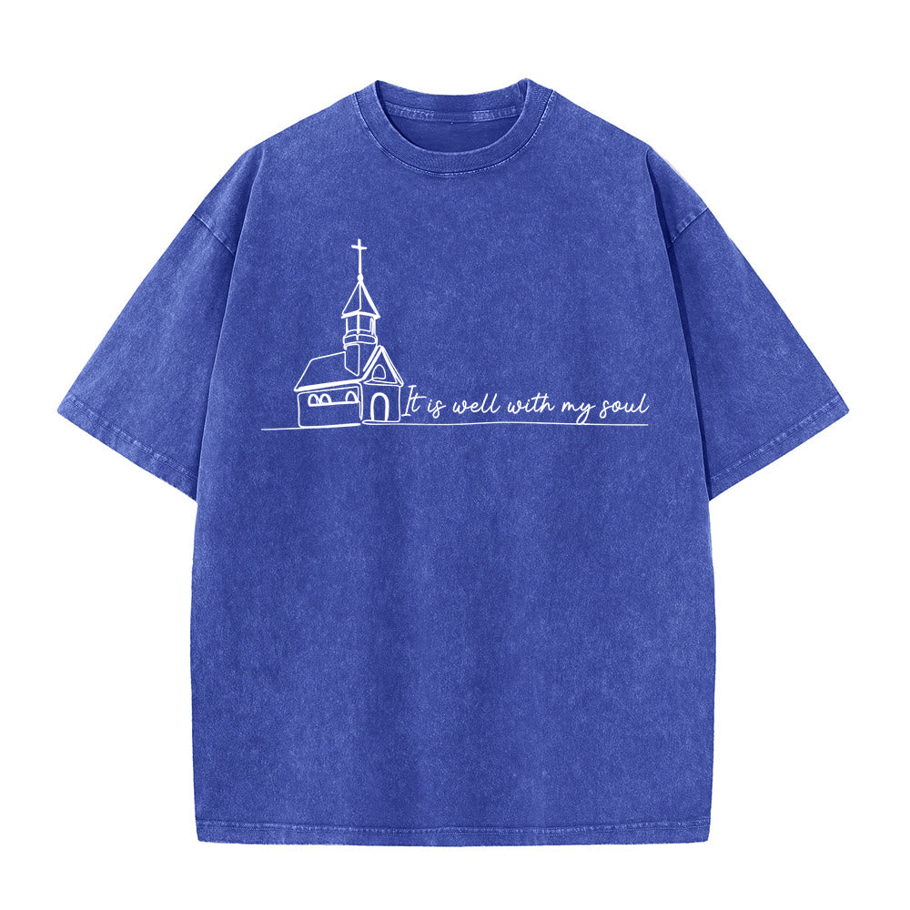 Christianartworkshop Es ist gut mit meiner Seele Kirchenskizze Linienkunst Unisex gewaschenes T-Shirt - Blau - 5XL - image 12