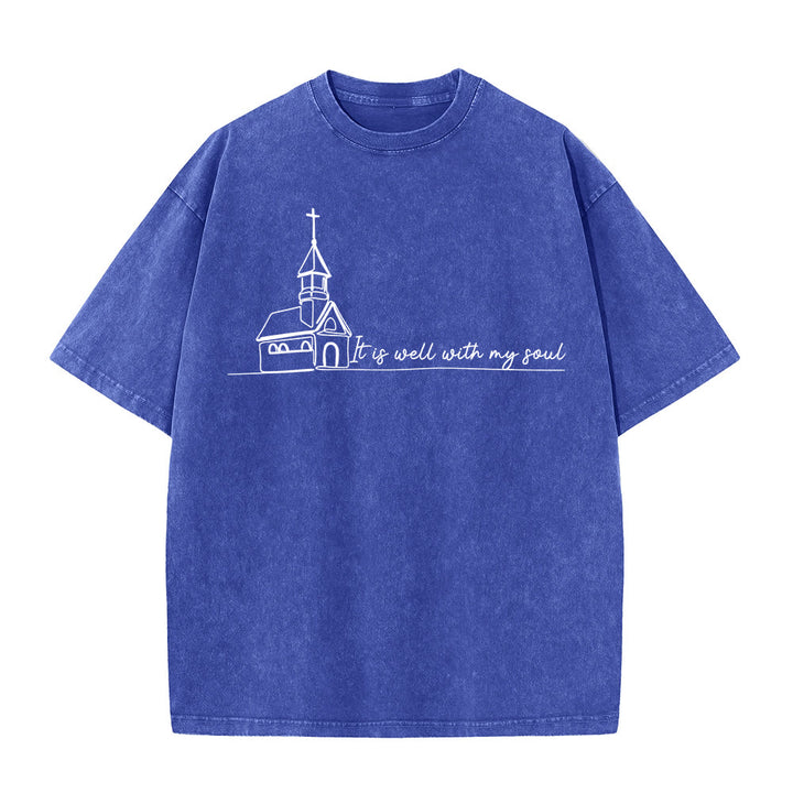 Christianartworkshop Es ist gut mit meiner Seele Kirchenskizze Linienkunst Unisex gewaschenes T-Shirt - Blau - 5XL - image 12