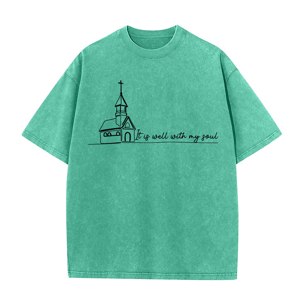 Christianartworkshop Es ist gut mit meiner Seele Kirchenskizze Linienkunst Unisex gewaschenes T-Shirt - Grün - 5XL - image 7