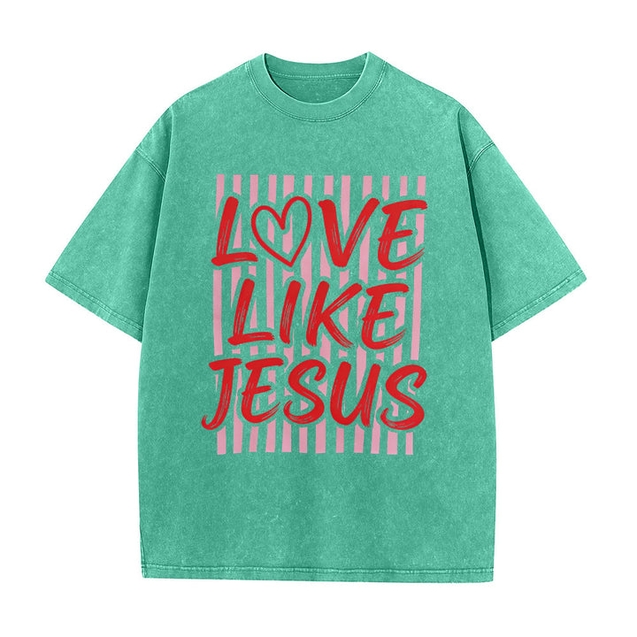 Christianartworkshop Liebe wie Jesus Herz Buchstaben Streifen Hintergrund Unisex gewaschenes T-Shirt - Grün - 5XL - image 9