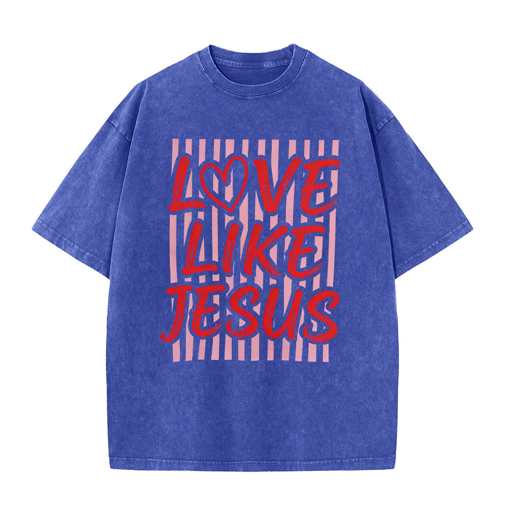 Christianartworkshop Liebe wie Jesus Herz Buchstaben Streifen Hintergrund Unisex gewaschenes T-Shirt - Blau - 5XL - image 1