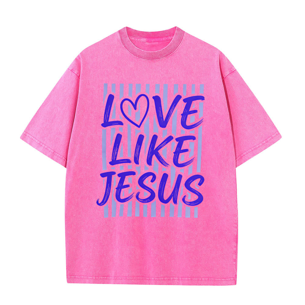 Christianartworkshop Liebe wie Jesus Herz Buchstaben Streifen Hintergrund Unisex gewaschenes T-Shirt - Rosa - 5XL - image 12